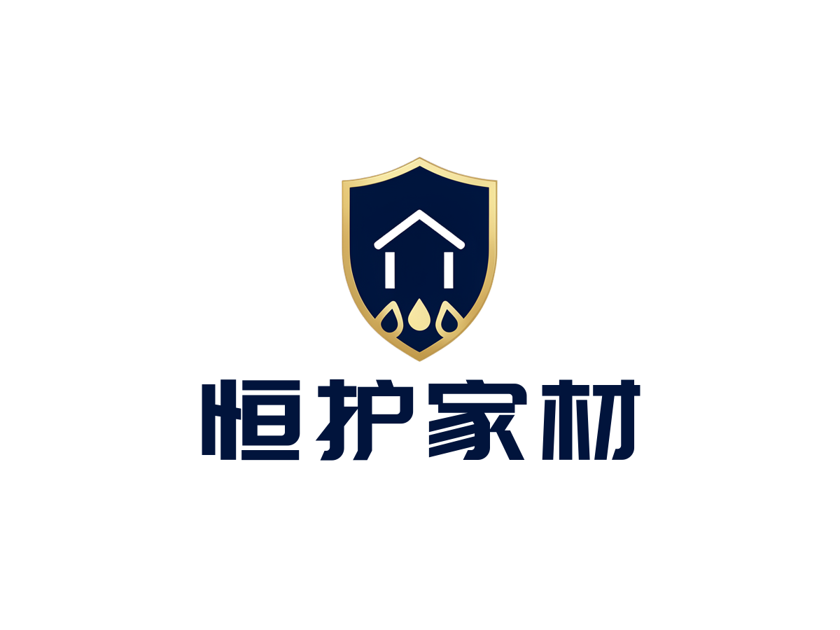 防腐店行业LOGO案例：恒护家材品牌,现代简约风格，深蓝色配色